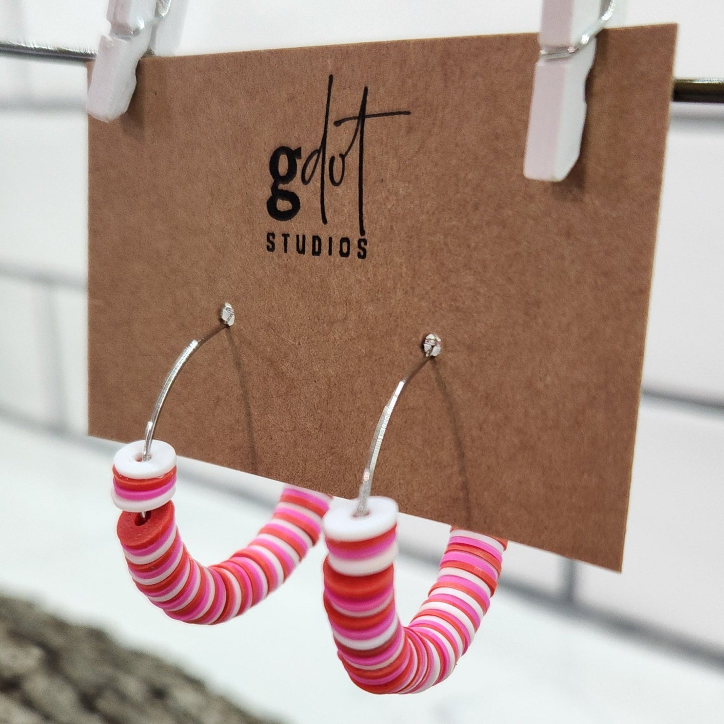 Hoop Earrings Pink, Red, and White Vinyl Beads