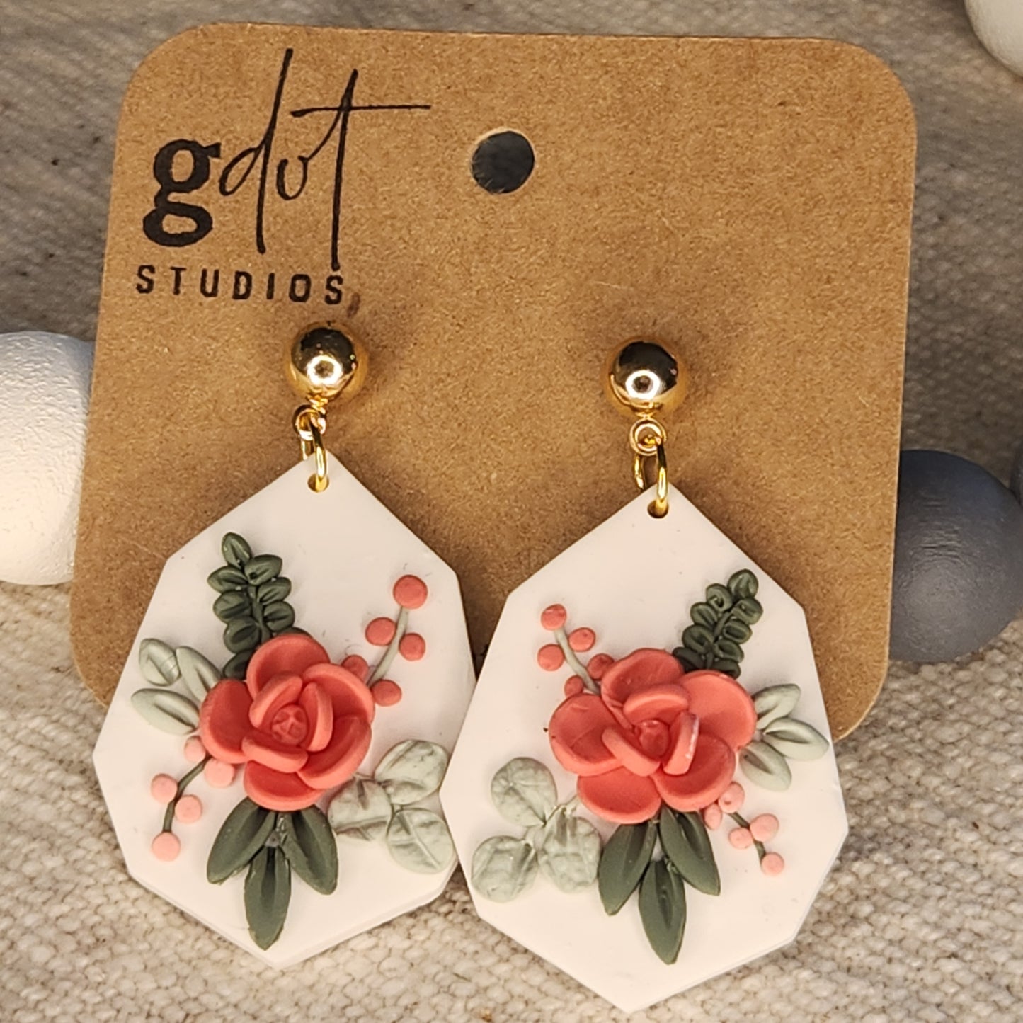 Polymer Clay Floral Statement Earrings - Coral & Green; Special Event Floral Earrings; Wedding Accessories; Spring or Summer Jewelry