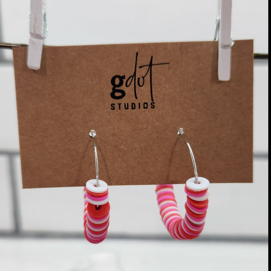 Pink, Red, and White Beaded Hoop Earrings