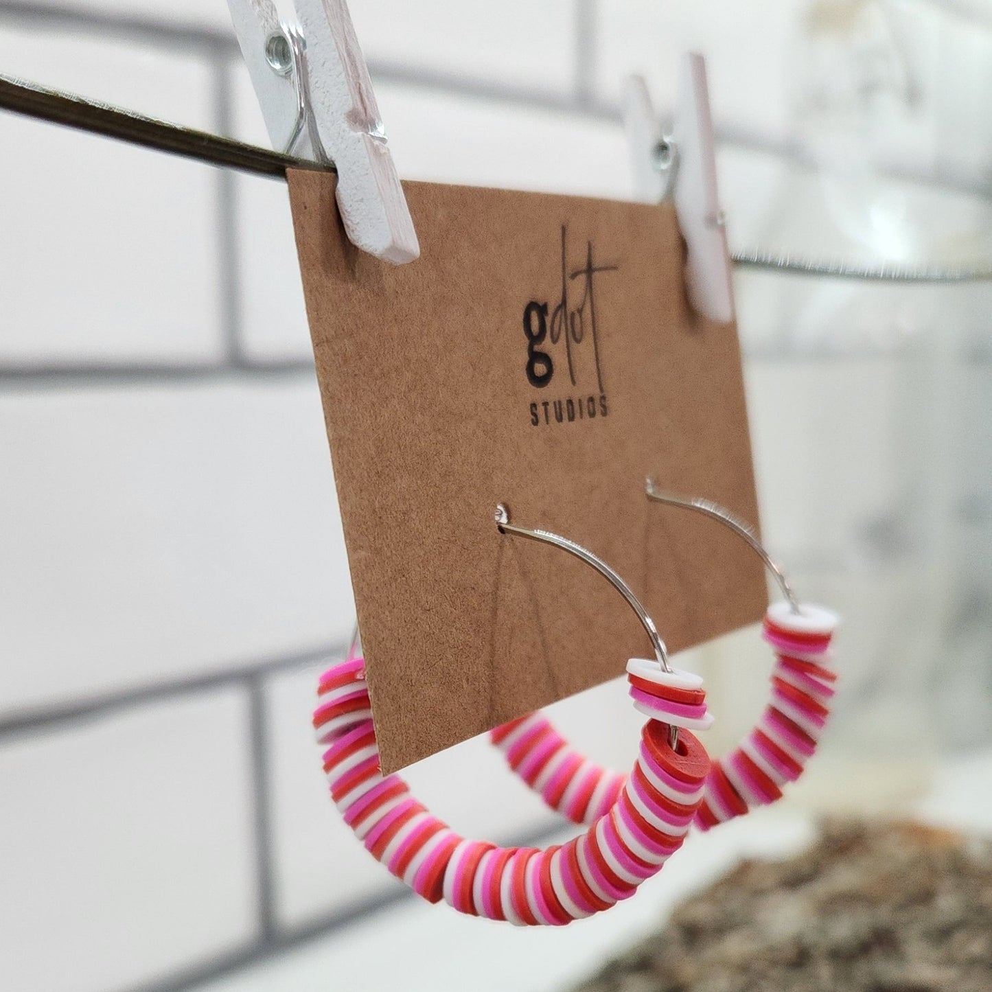 Pink, Red, and White Beaded Hoop Earrings