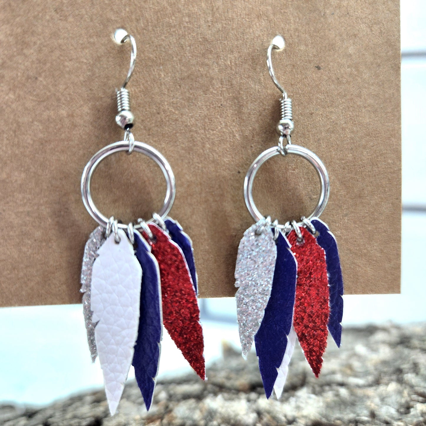 Patriotic Hoop & Feather Faux Leather Earrings