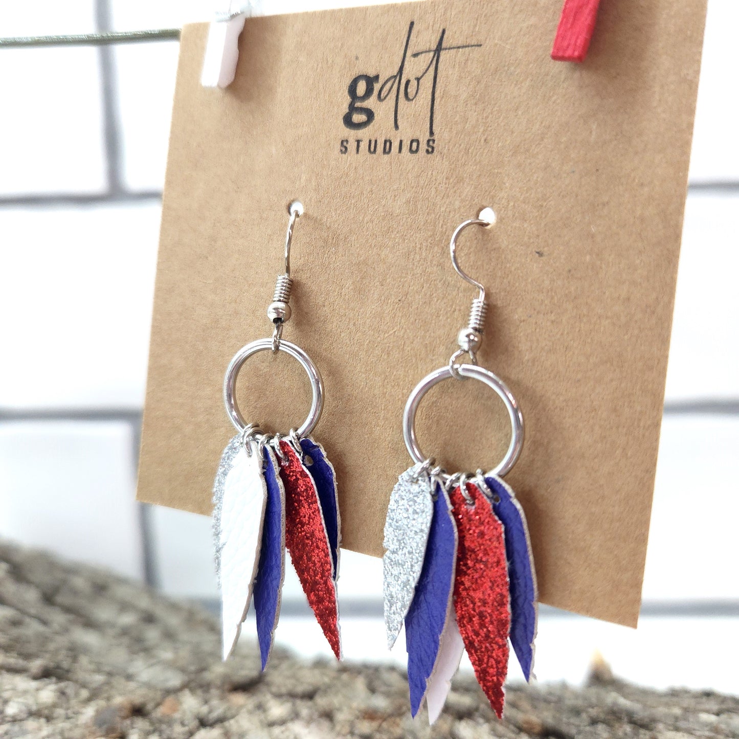 Patriotic Hoop & Feather Faux Leather Earrings