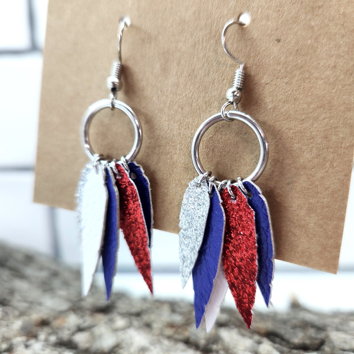 Patriotic Hoop & Feather Faux Leather Earrings