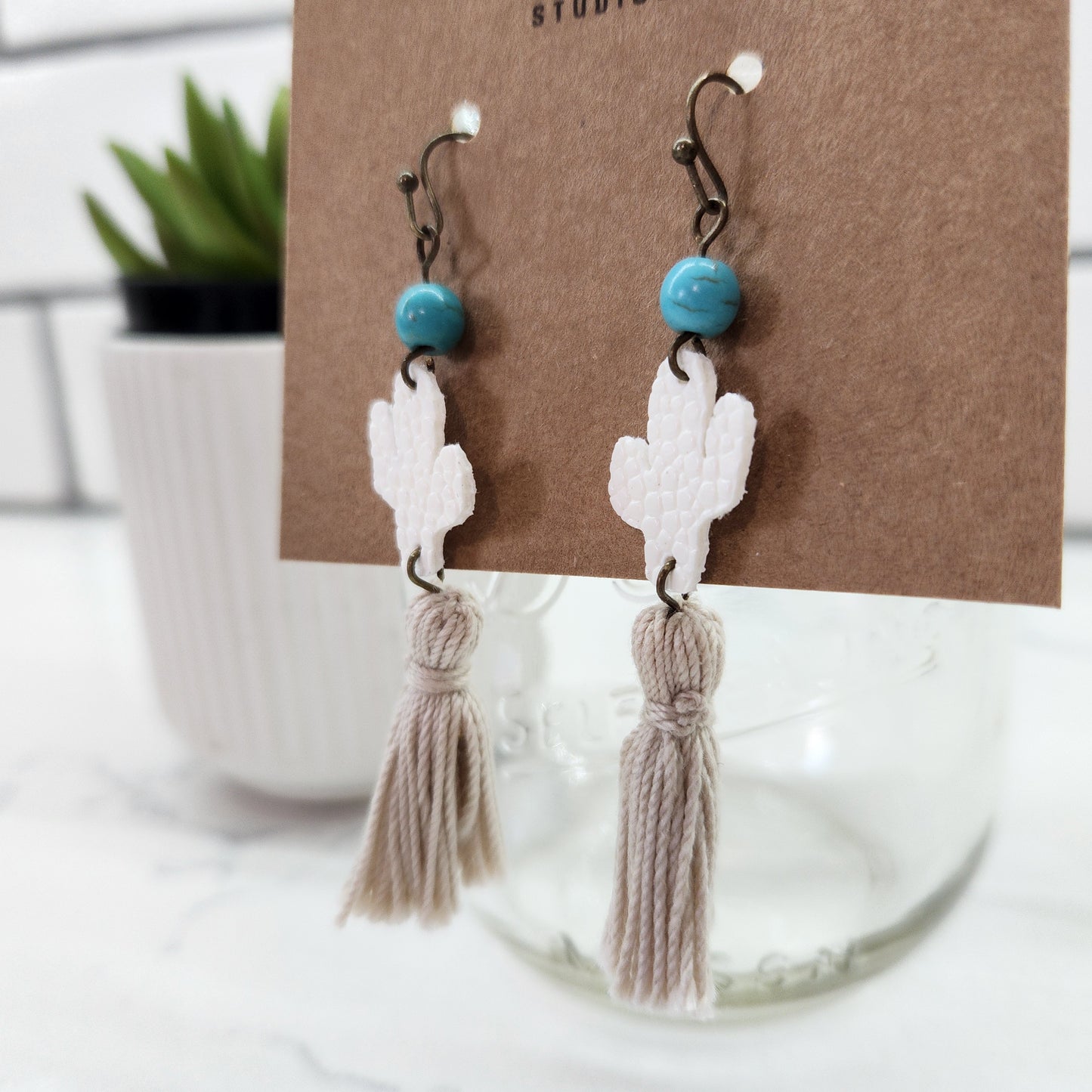 Western Cactus Tassel Faux Leather Earrings