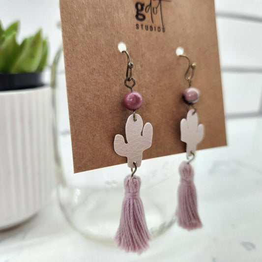 Western Cactus Tassel Faux Leather Earrings