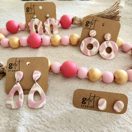 Polymer Clay Pink Marble Earring Collection; Summer Vacation Accessories; Groovy Earrings; Statement Jewelry
