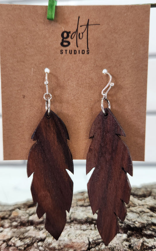 Wood Feather Shaped Walnut Earrings