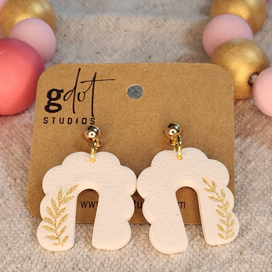 Polymer Clay Scalloped Rainbow Earrings; Business Casual Accessories; Gold and White Jewelry