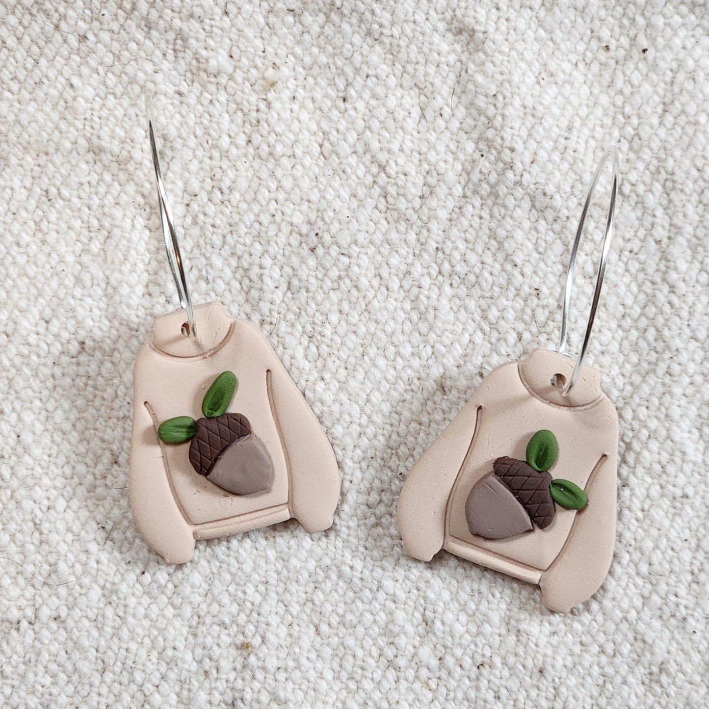 Fall Tan Sweater Earrings  with Acorns and Leaves  on Hoops