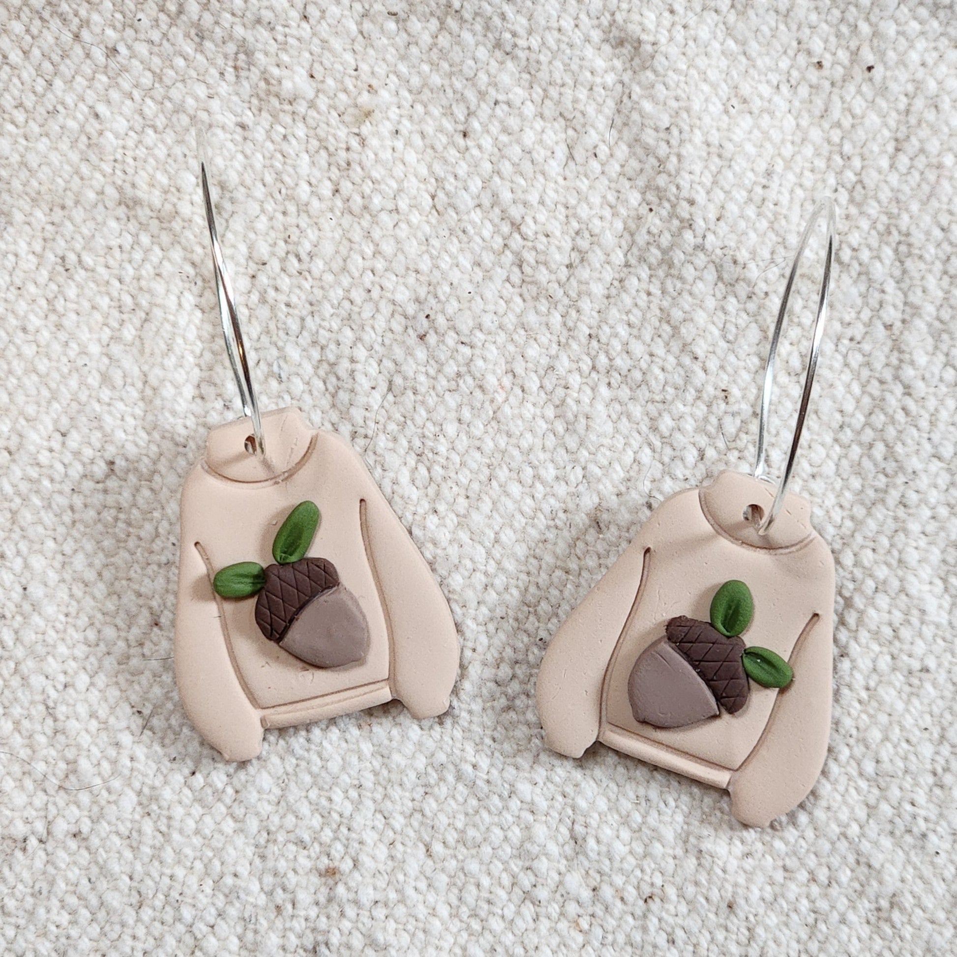 Fall Tan Sweater Earrings  with Acorns and Leaves  on Hoops