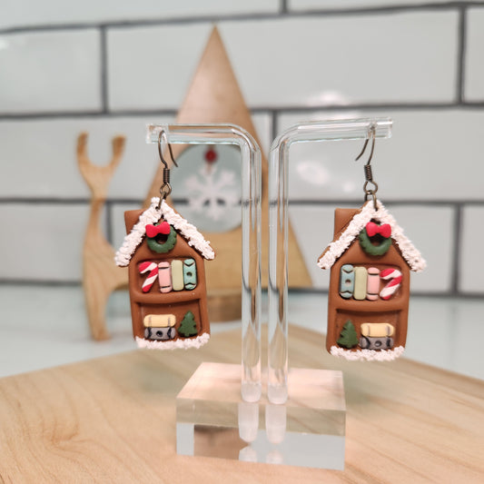 Christmas Gingerbread Bookshelf Earrings; Holiday Cheer Earrings; Bookworm Earrings; Polymer Clay