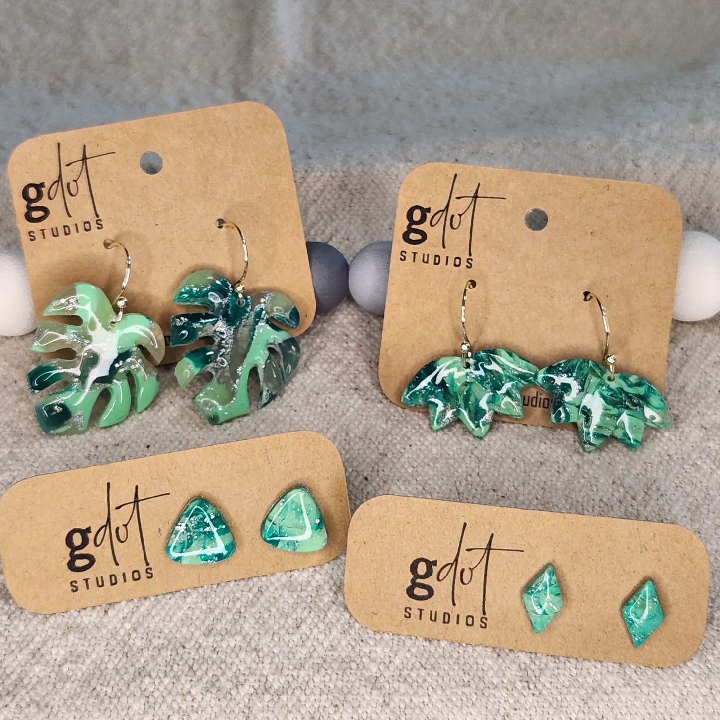 Polymer Clay Green & Silver Marble Earring Collection; Polymer Clay Earrings, Summer Earrings, Vacation Accessories