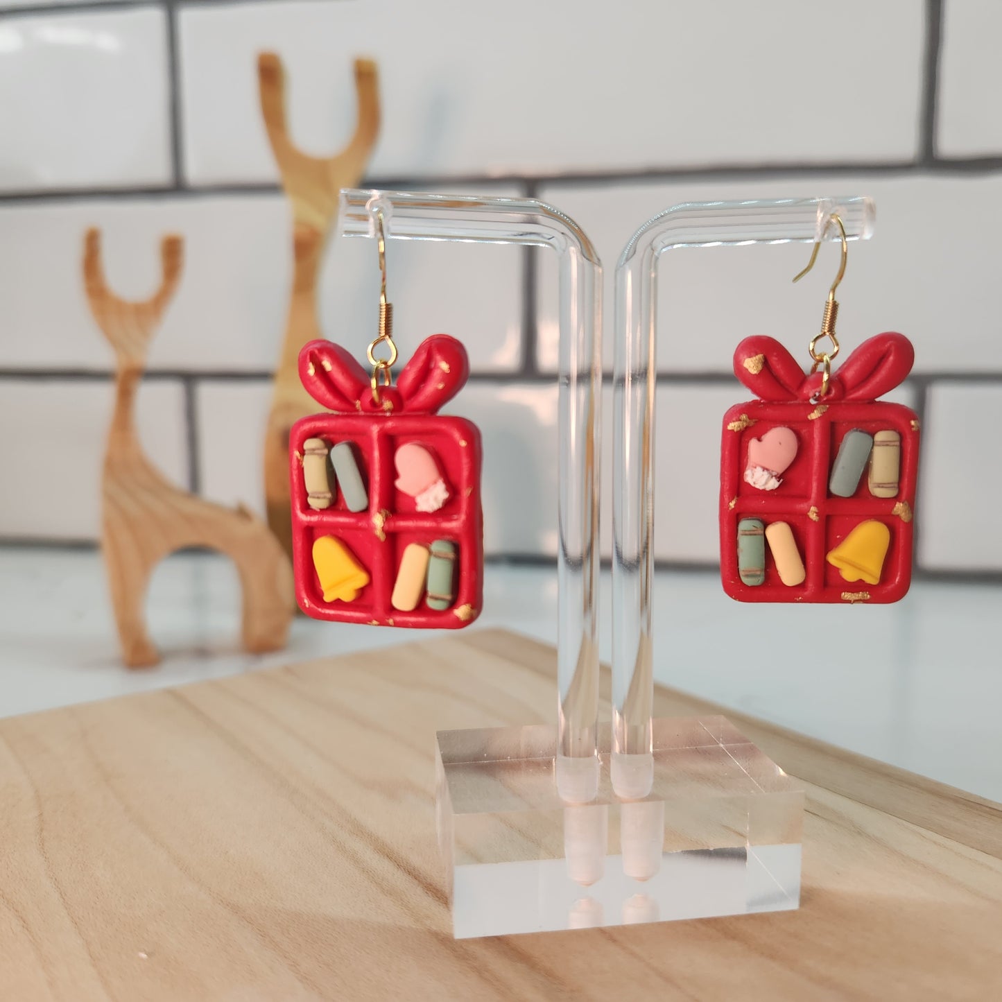 Christmas Present Bookshelf Earrings; Holiday Cheer Earrings; Bookworm Earrings; Polymer Clay