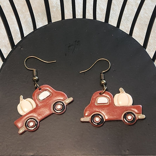 Red truck earrings with white pumpkins