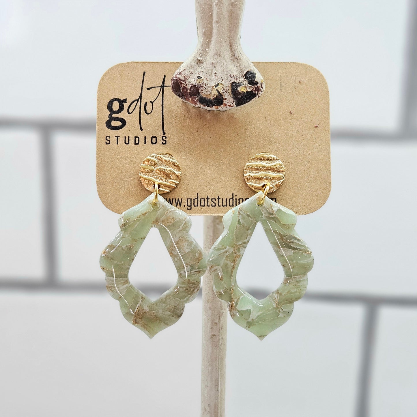 Spring Sage Marble Earring Collection; Green & Gold Dangle Earrings; Lightweight Jewelry