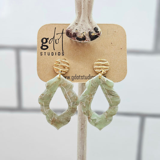 Spring Sage Marble Earring Collection; Green & Gold Dangle Earrings; Lightweight Jewelry