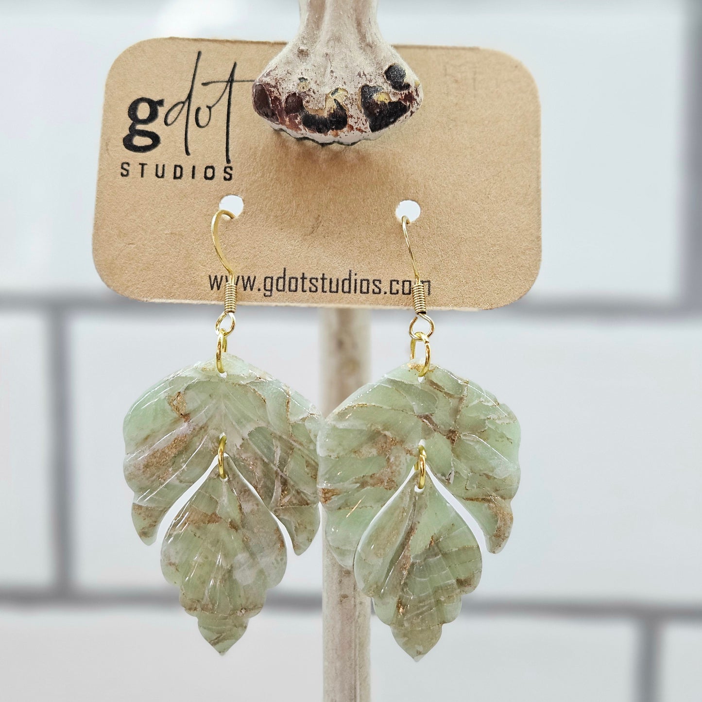 Spring Sage Marble Earring Collection; Green & Gold Dangle Earrings; Lightweight Jewelry